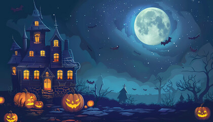 Halloween haunted house and pumpkins background illustration. Generative ai design concept art.