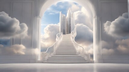 bright staircase leads up to the clouds to success amidst freedom, a white staircase in the clouds.