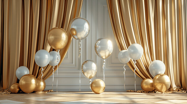 A collection of golden and white balloons lends a touch of elegant celebration to a luxurious room draped with satin curtains.