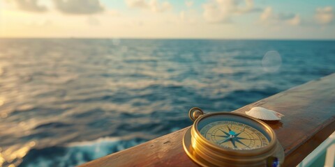 A compass is on a boat in the ocean