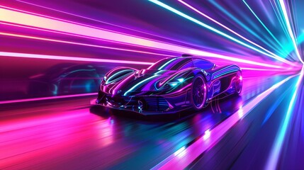 A sleek and futuristic concept car speeding down a neon-lit highway  AI generated illustration