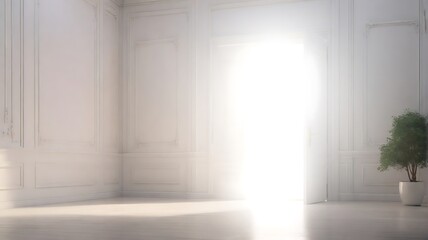 Fototapeta premium White room with wooden door open, key to success concept