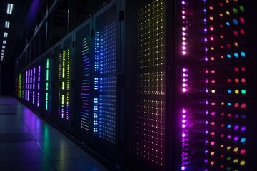 Rows of server hardware with multicolored LED indicators glowing in a dark data center. - obrazy, fototapety, plakaty