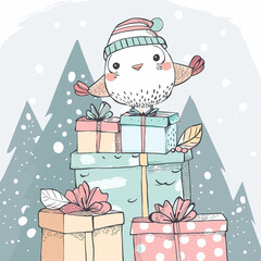 Whimsical Christmas Illustration with Bird atop a Pile of Gifts