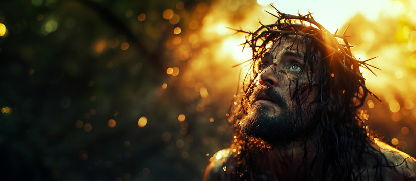 Jesus wearing a crown of thorns looking up