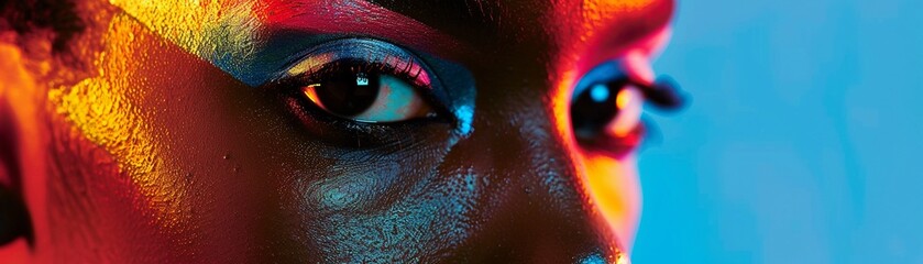 A close-up of a womans face with vibrant neon makeup