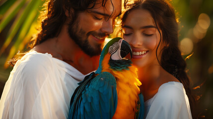 Adam and Eve in the garden with a colourful parrot