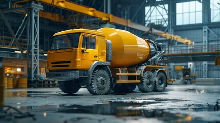 A contemporary yellow cement mixer truck stands ready in an industrial facility with metallic structures.