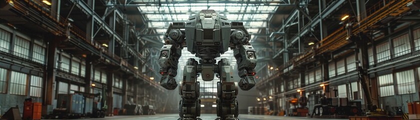 A colossal robot stands within an industrial hangar