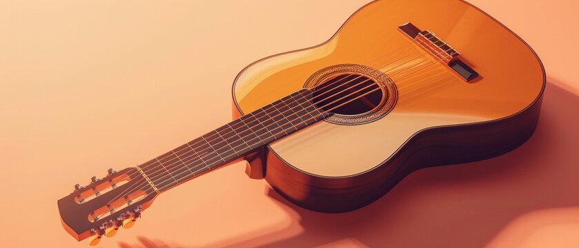 A classical acoustic guitar resting against a soft peach background