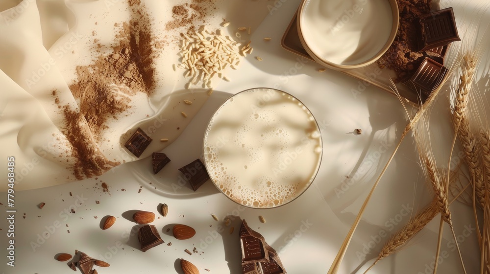 Poster a stunning display of light and shadow on a white milk canvas enhanced by almond cocoa and wheat ele