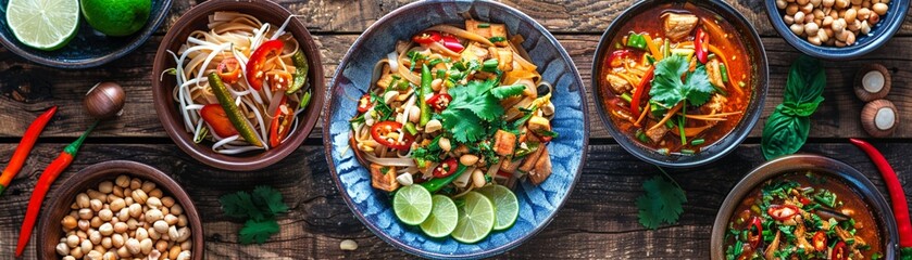 A rustic kitchen setting in a Thai home, with close-ups of pad Thai with peanuts and lime wedges, tom yum goong with its rich, spicy broth, and green curry with chunks of chicken and eggplant. - obrazy, fototapety, plakaty
