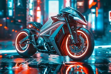 A futuristic electric motorcycle with innovative design features glowing elements