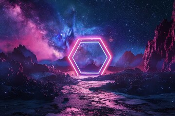 A glowing neon hexagon portal stands amidst a surreal alien landscape under a starry sky