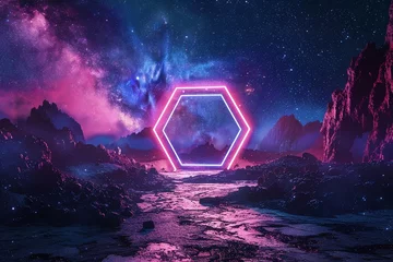 Foto op Plexiglas A glowing neon hexagon portal stands amidst a surreal alien landscape under a starry sky © Creative_Bringer