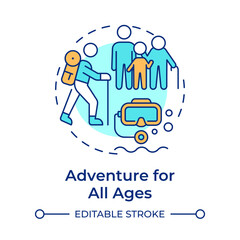 Adventure for all ages multi color concept icon. Travel with seniors and kids. Outdoor activities. Travel trend. Round shape line illustration. Abstract idea. Graphic design. Easy to use in blog post
