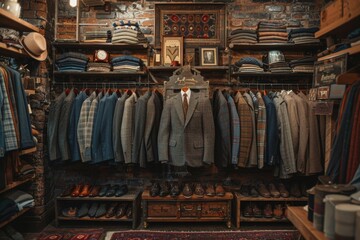 Rack with men's jackets in a vintage men's clothing store, classic suits