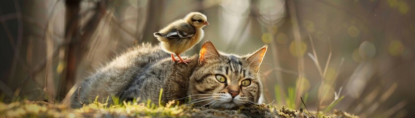 A heartwarming scene of a cat with a small chick perched on its head - obrazy, fototapety, plakaty