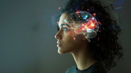 A pensive woman with a projected holographic brain image representing thought - obrazy, fototapety, plakaty