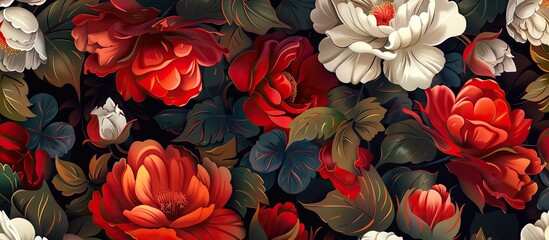 An art piece showcasing a bouquet of red and white roses on a black background, highlighting the beauty of this flowering plant in a striking contrast