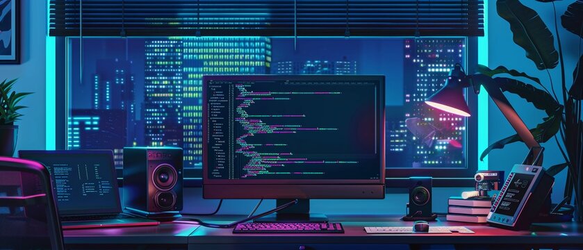 A modern workspace with a computer displaying programming code