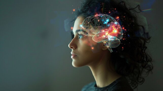 A pensive woman with a projected holographic brain image representing thought