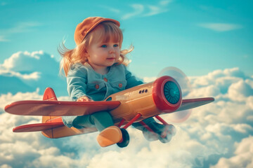 Dreams of travel! Cute girl Child flying on toy plane