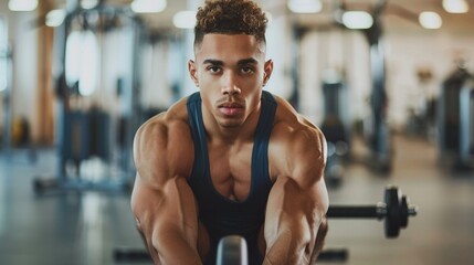 A young fit man working out on a rowing machine in the gym