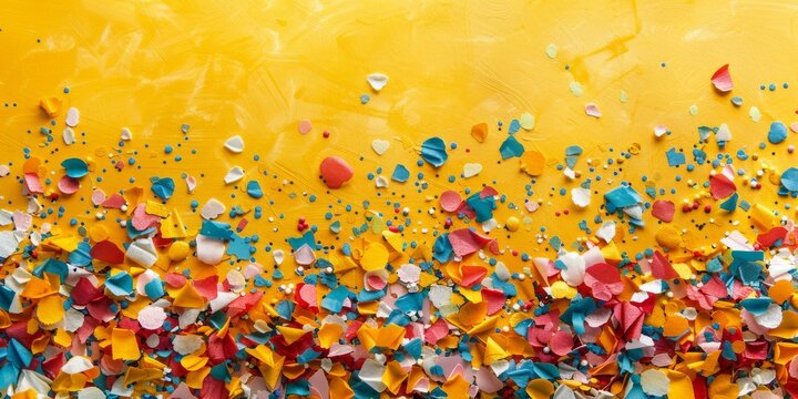 Colorful confetti scattered over a sunny yellow background.