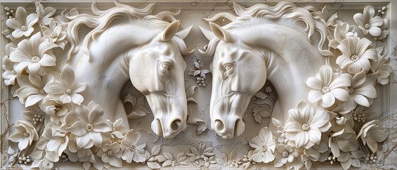 An exquisitely detailed bas-relief sculpture of two white horses surrounded by floral motifs