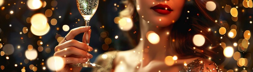An elegant woman holding a champagne glass at a sparkling party - obrazy, fototapety, plakaty