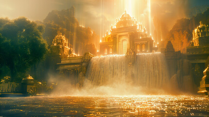 Naklejka premium New Jerusalem, heavenly, magical, futuristic city with a waterfall flowing under it