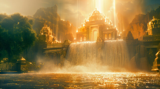 New Jerusalem, heavenly, magical, futuristic city with a waterfall flowing under it