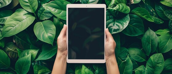 Hands holding a tablet with a blank screen set against a lush background of green leaves