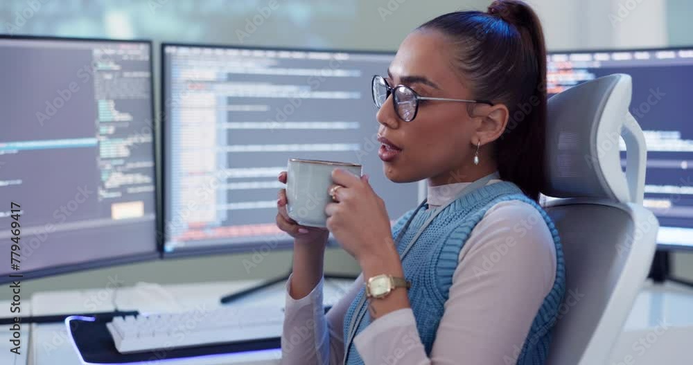 Aufkleber Programmer, coffee and technology with software, coding and web 3.0 project in office. Woman, cyber security and data for corporate, professional and ux computer technician with workplace break
