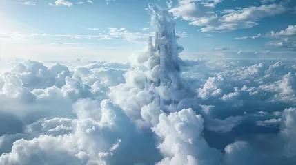 Fotobehang A surreal skyscraper made entirely of clouds  AI generated illustration © Olive Studio