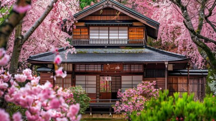 Fototapeta na wymiar A traditional Japanese teahouse surrounded by cherry blossoms AI generated illustration
