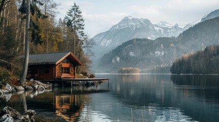 Fototapeta premium A tranquil lakeside cabin with a view of the mountains AI generated illustration