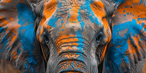 A colorful elephant with blue and orange paint on its face