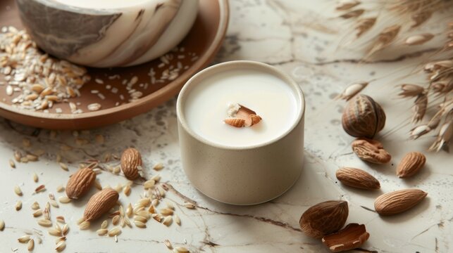 A tranquil scene showcasing the beauty of white milk with subtle almond cocoa and wheat undertones  AI generated illustration