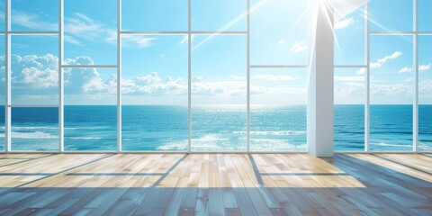 A large window overlooking the ocean with a clear blue sky