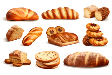 Set of various sweet breads Slices and bakery or pastries, isolated cartoon vector set of bakery products translucent background