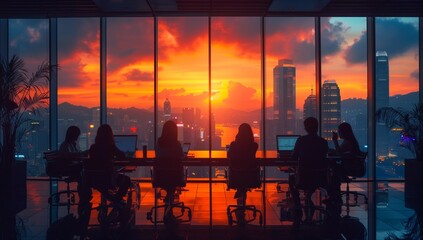 A group of people are seated in front of a large window, gazing out at the city as the sun sets,...