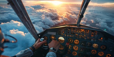 A pilot is flying a plane with a sunset in the background