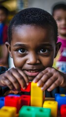 Youngster stacking toy bricks.
