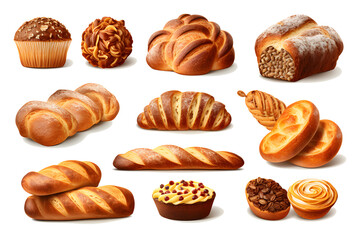 Set of various sweet breads Slices and bakery or pastries, isolated cartoon vector set of bakery products translucent background