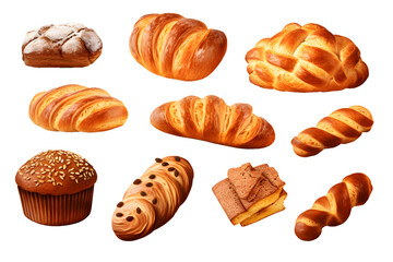 Set of various sweet breads Slices and bakery or pastries, isolated cartoon vector set of bakery products translucent background