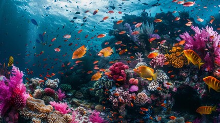 Naklejka na ściany i meble A vibrant underwater scene with schools of colorful fish and coral reefs AI generated illustration