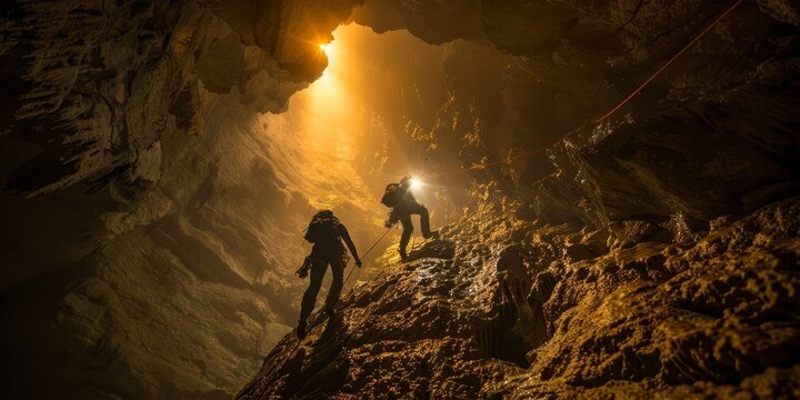 Two people are climbing a rocky mountain in a cave