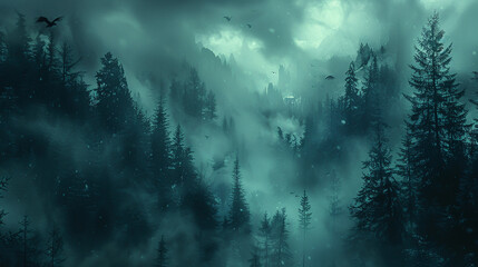 A dark brooding forest where griffins nest atop the highest trees - obrazy, fototapety, plakaty